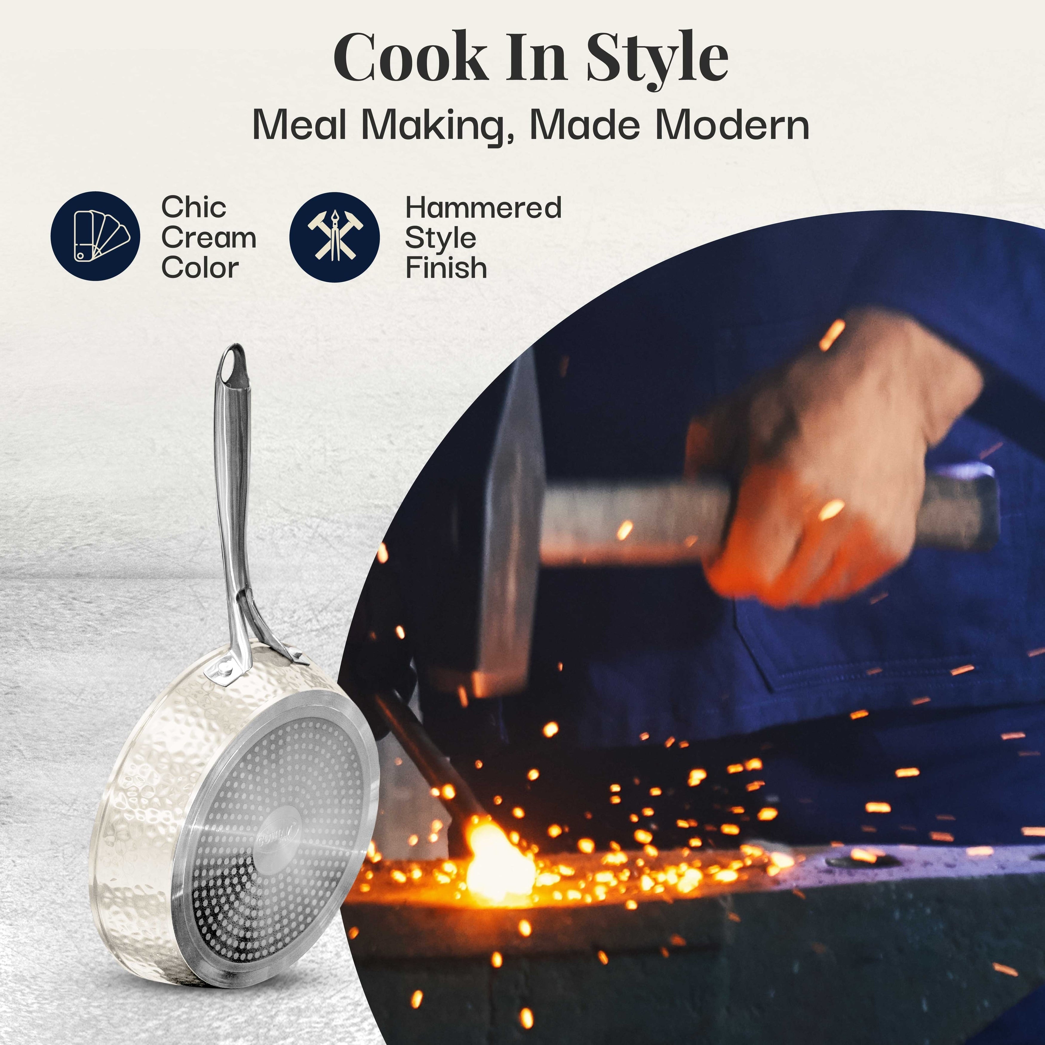 Gotham Steel Hammered Cream 15 Piece Pots and Pans Ultra Ceramic Nonstick Cookware Set with Utensils