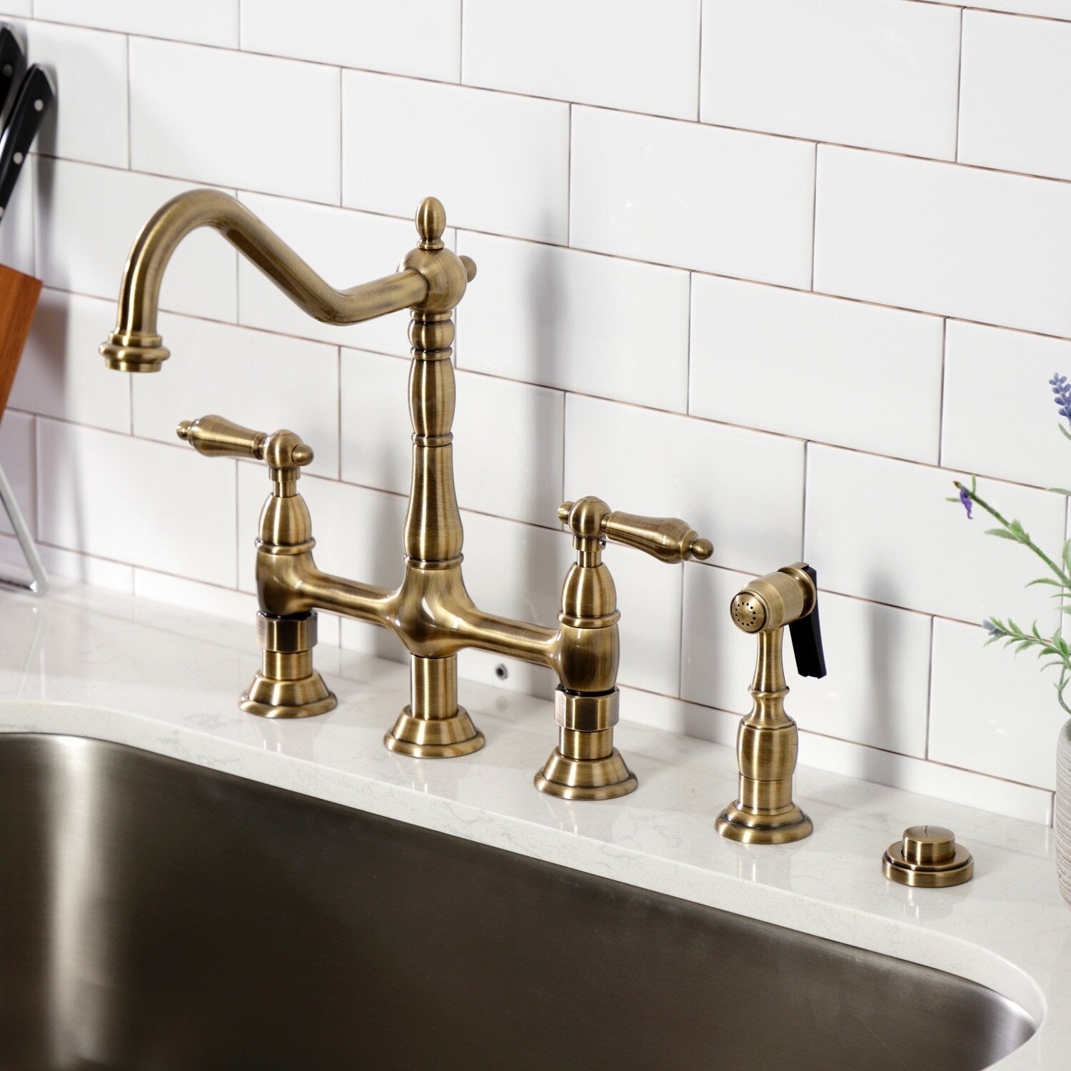Heritage Bridge Kitchen Faucet with Brass Sprayer