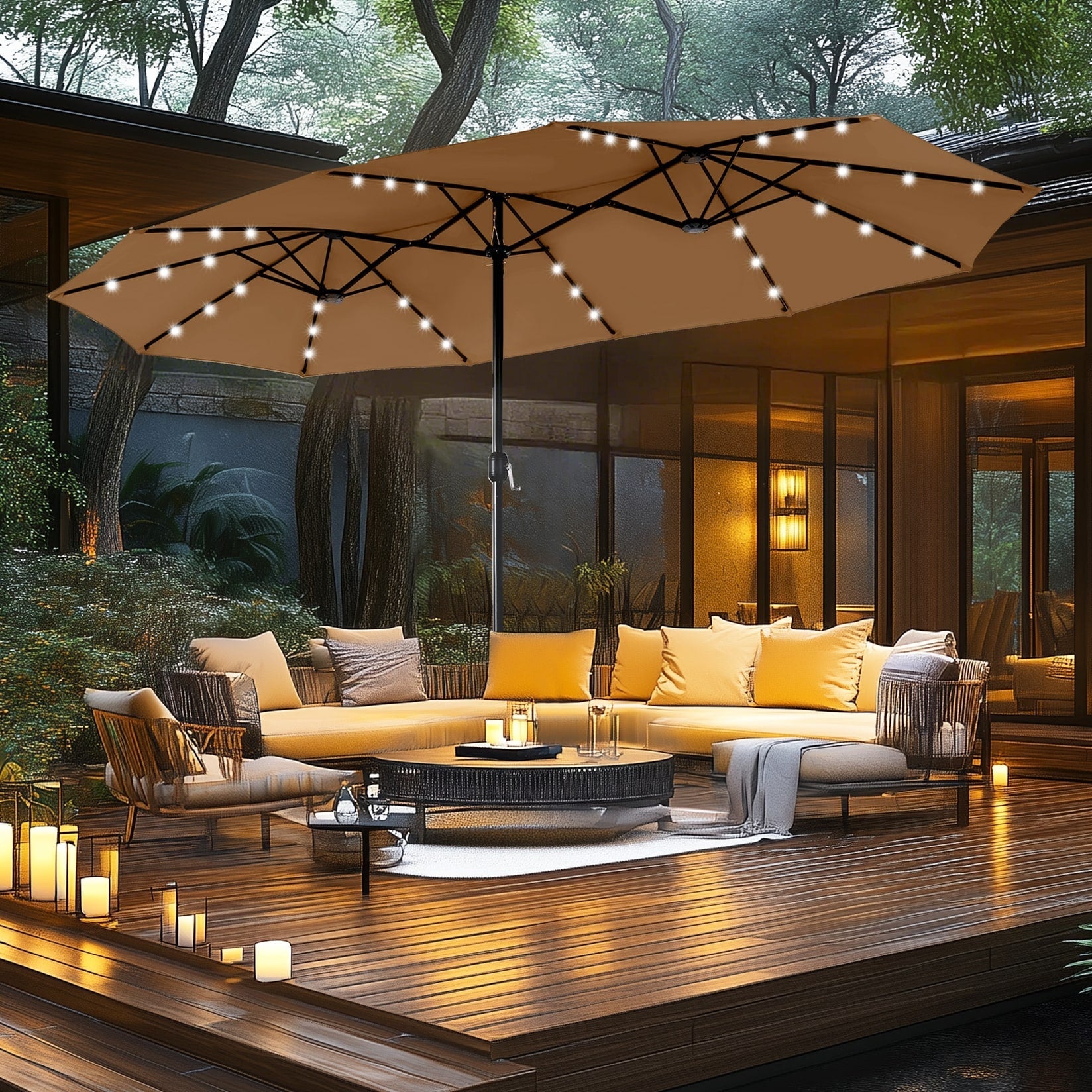 MAISON ARTS 15-foot Rectangular Crank Double-sided Outdoor Market Umbrella Solar LED Lighted Patio Umbrella with Base Included