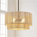 4-Light Rattan Tiered Drum Chandelier Light with Black Canopy - 22'' W