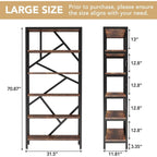 71 Industrial Bookshelf, 6 Tier Rustic Brown Wood Etagere Bookcase, Open Book Shelves