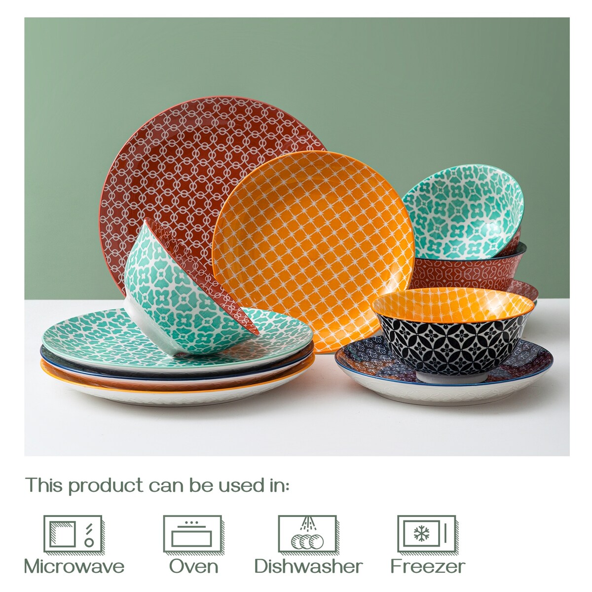 DOWAN Ceramic Plates and Bowls Set, 12-Piece Dinnerware Set for Christmas Decor, Colorful Dish Set for 4