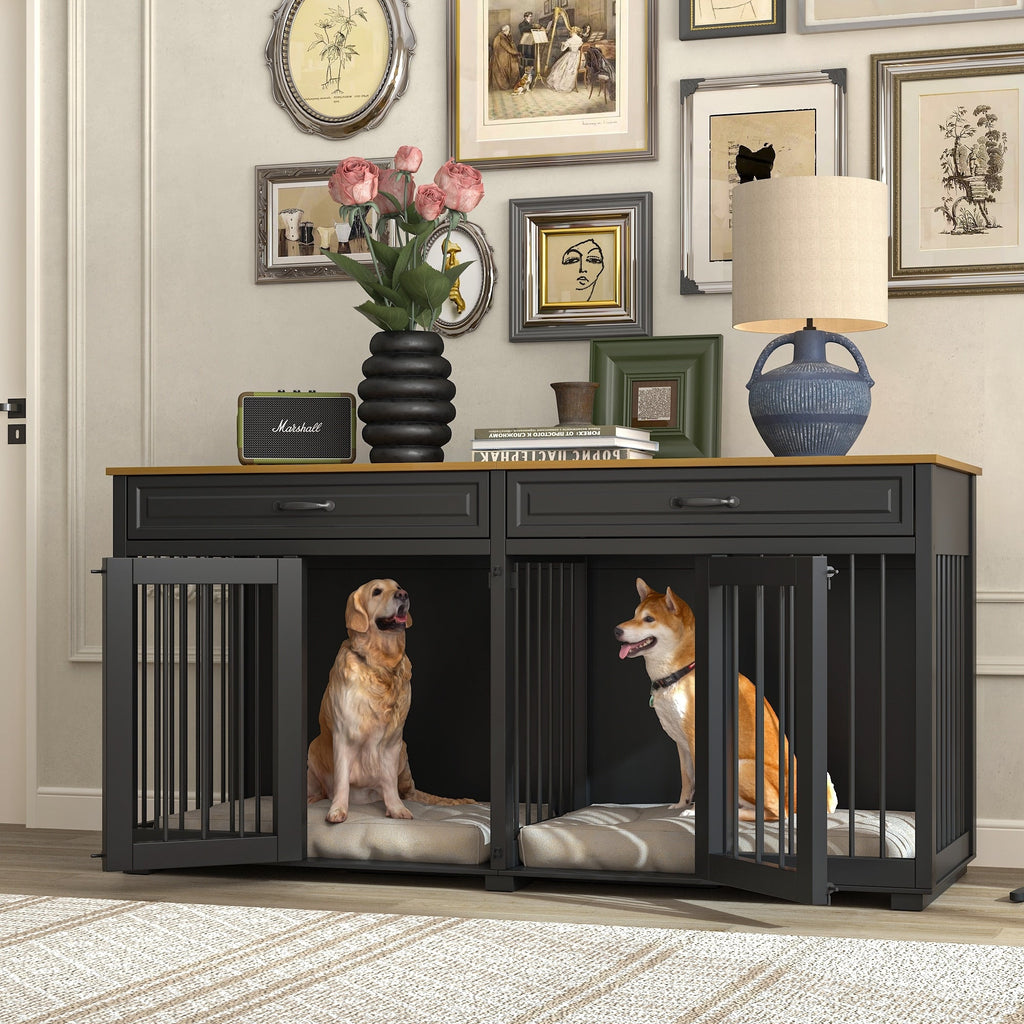 Furniture Style Dog Crate, 64.5 Inch Wooden Large Dog Kennel