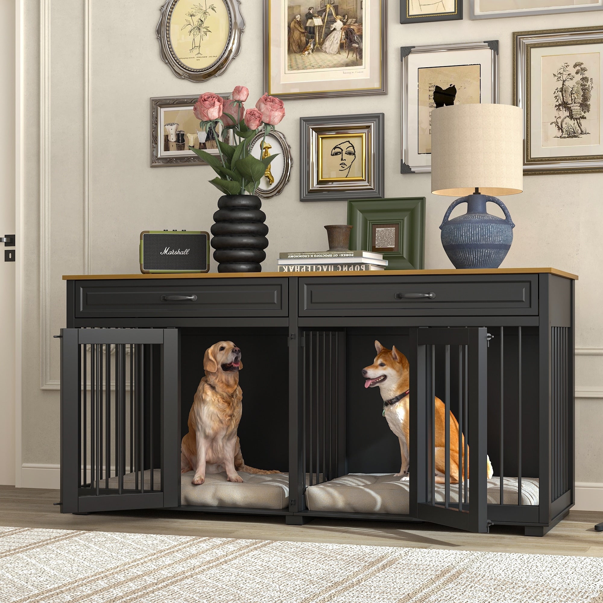 Furniture Style Dog Crate, 64.5 Inch Wooden Large Dog Kennel