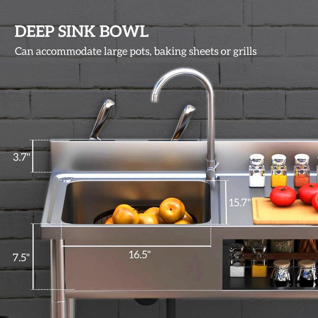 HOMCOM Outdoor Utility Sink, Deep Stainless Steel Sink, Free Standing Single Bowl Kitchen Sink, 39 Inch - 39 Inch