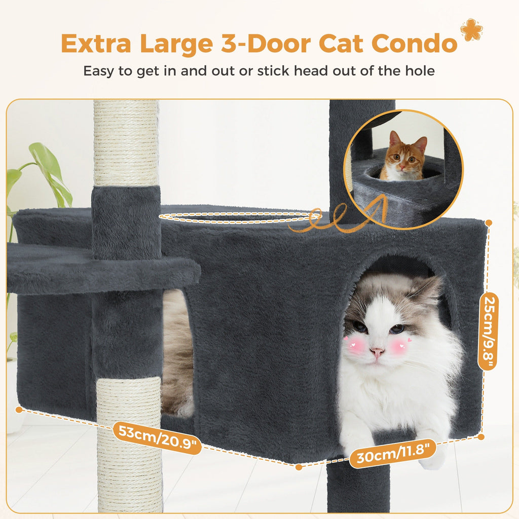 Large Cat Tower Cat Condo with Scratching Posts and Pads, 2 Padded Perch, Dual Condo and Basket