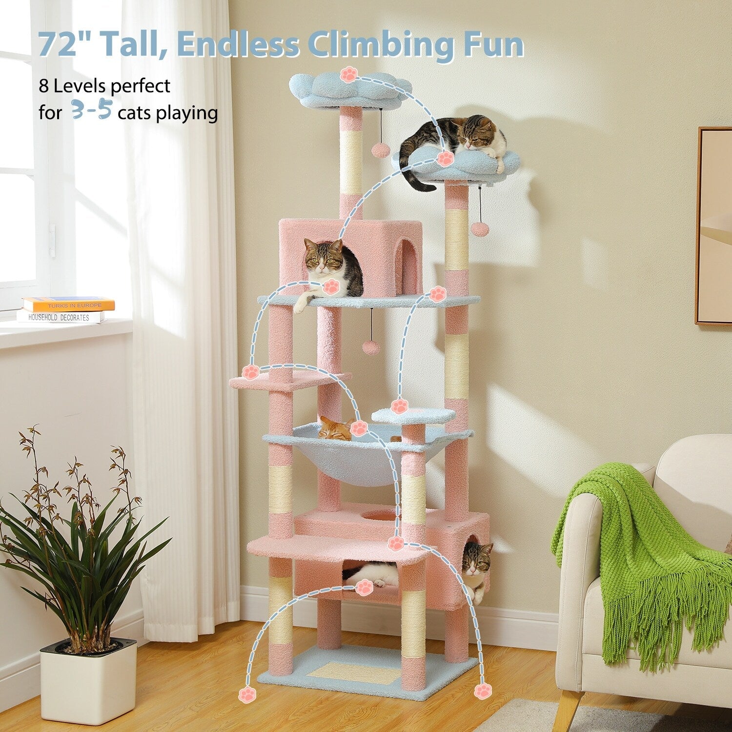 Large Cat Tower Cat Condo with Scratching Posts and Pads, 2 Padded Perch, Dual Condo and Basket